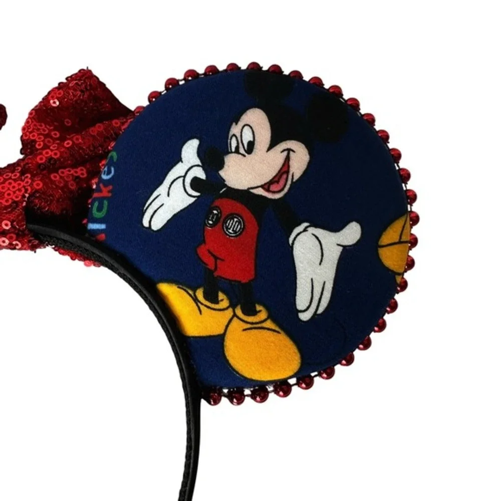 Mickey Mouse Ears Headband Red Sequin Bow Blue Character Print Disney Accessory